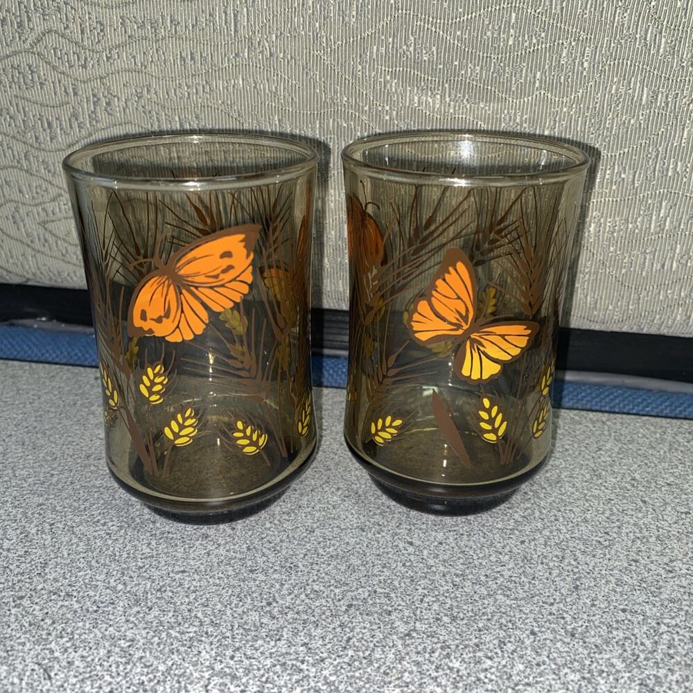 2 Libbey Juice Glass Monarch Butterfly Wheat Pattern Amber Brown Vintage